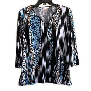 Allison Daley Knit Top Blouse Animal Print Sz Small Petite 3/4 Sleeves Stretch